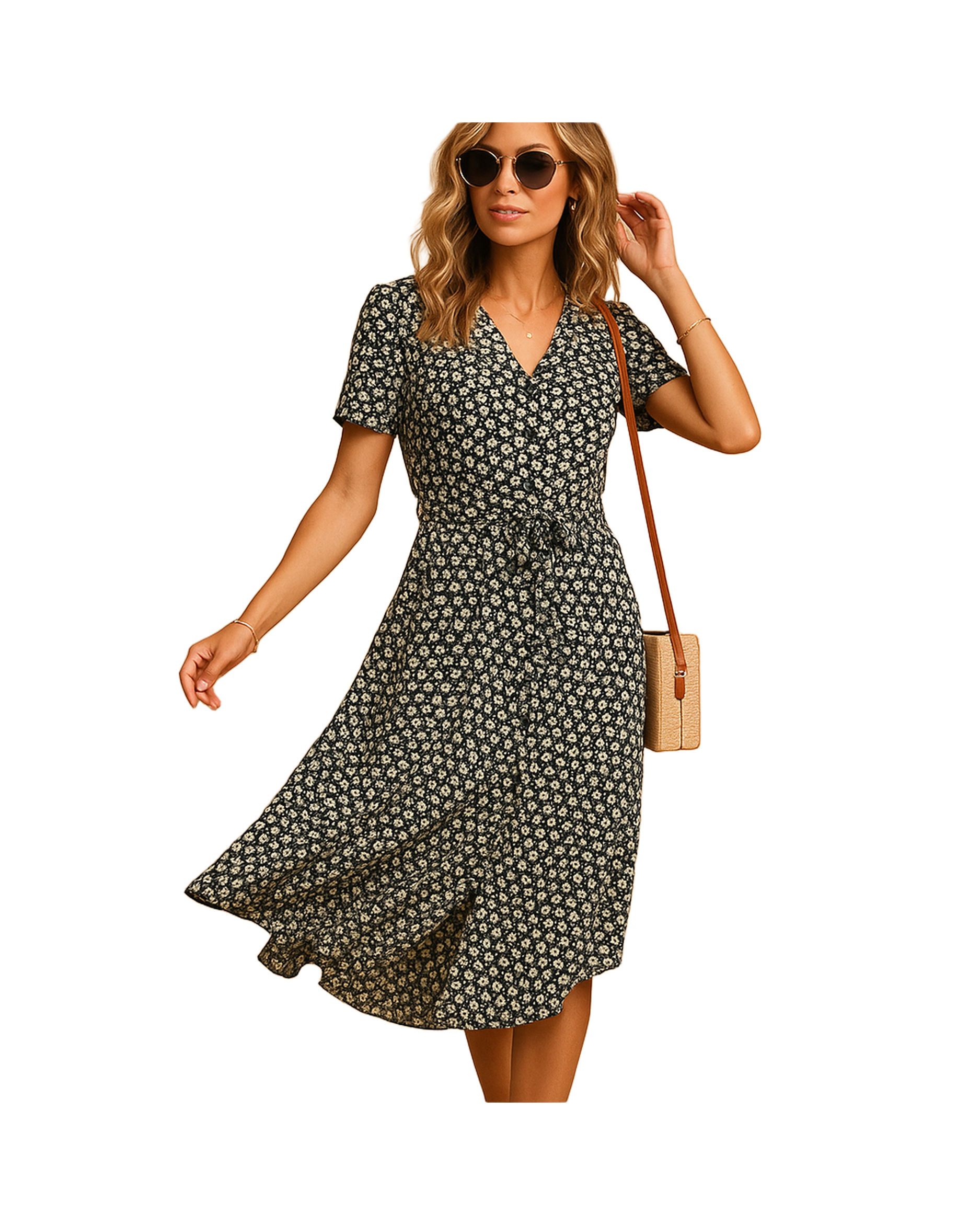 Sukienka damska z krótkim rękawem i kwiatowym nadrukiem | Midi