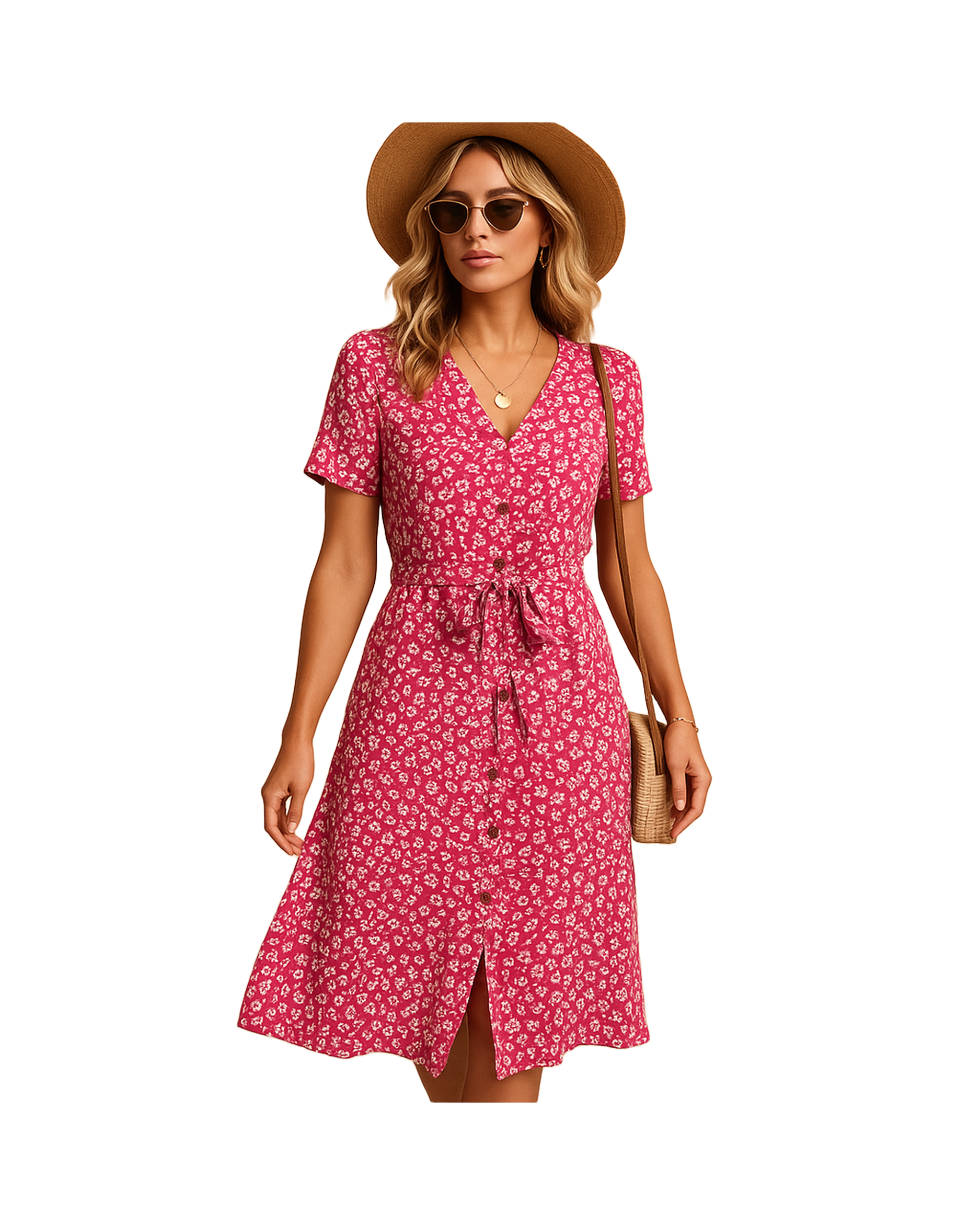 Sukienka damska z krótkim rękawem i kwiatowym nadrukiem | Midi